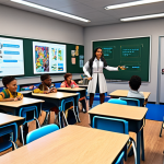 **Prompt:** A futuristic classroom with personalized learning stations, an AI teacher hologram assisting students, and individuals of diverse ages engaged in lifelong learning activities. Include advanced technology, tablets, and interactive displays. The overall tone should be optimistic and empowering.
