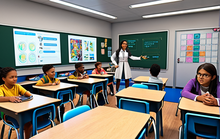 **Prompt:** A futuristic classroom with personalized learning stations, an AI teacher hologram assisting students, and individuals of diverse ages engaged in lifelong learning activities. Include advanced technology, tablets, and interactive displays. The overall tone should be optimistic and empowering.
