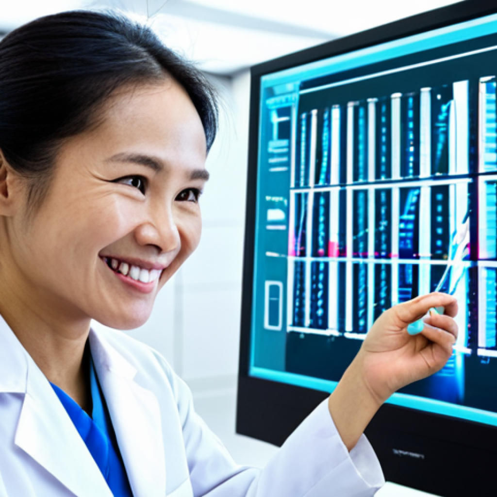 **
A Vietnamese scientist in a modern, well-lit laboratory, fully clothed in professional attire, working on a holographic display showing a complex DNA sequence. She is smiling slightly, appearing optimistic. The lab contains advanced biotech equipment. Emphasis on clean lines, bright colors, and a hopeful, futuristic feel. Safe for work, appropriate content, family-friendly, professional, perfect anatomy, natural proportions, well-formed hands.
**