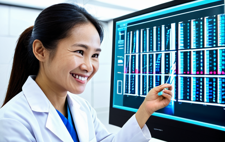 **
A Vietnamese scientist in a modern, well-lit laboratory, fully clothed in professional attire, working on a holographic display showing a complex DNA sequence. She is smiling slightly, appearing optimistic. The lab contains advanced biotech equipment. Emphasis on clean lines, bright colors, and a hopeful, futuristic feel. Safe for work, appropriate content, family-friendly, professional, perfect anatomy, natural proportions, well-formed hands.
**