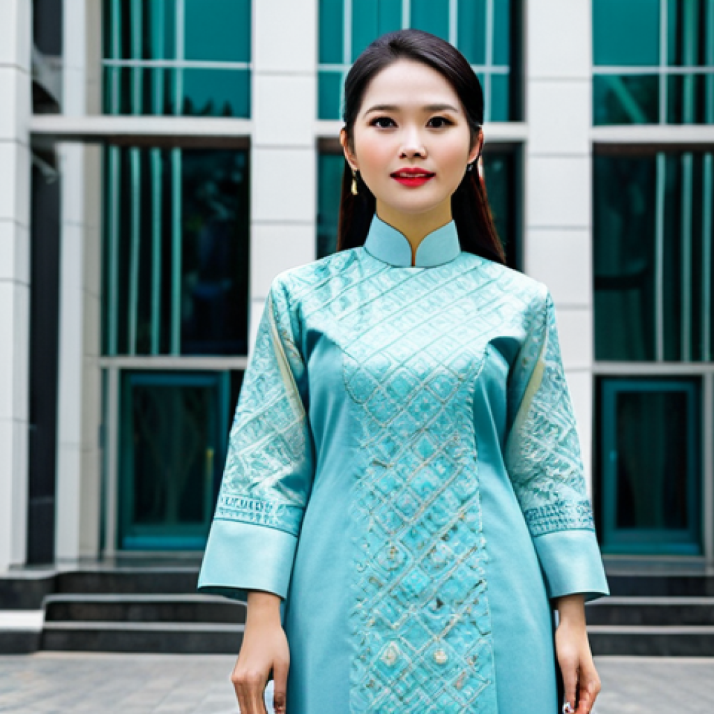 Modern Hanoi Professional**

"A professional Vietnamese woman in a stylish, modest Ao Dai with modern design elements, standing in front of a modern office building in Hanoi, Vietnam. Fully clothed, appropriate attire, safe for work. Perfect anatomy, natural proportions, professional photography, high quality."

**