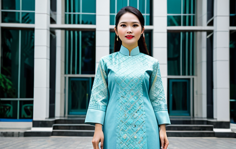 Modern Hanoi Professional**
"A professional Vietnamese woman in a stylish, modest Ao Dai with modern design elements, standing in front of a modern office building in Hanoi, Vietnam. Fully clothed, appropriate attire, safe for work. Perfect anatomy, natural proportions, professional photography, high quality."
**