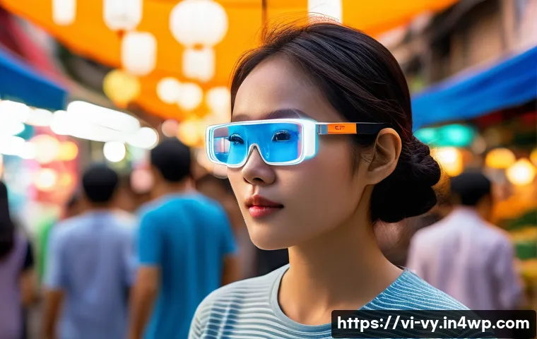 포스트휴머니즘과 개인적 경험 - A futuristic Vietnamese woman wearing sleek smart glasses and a lightweight health-monitoring wristb...
