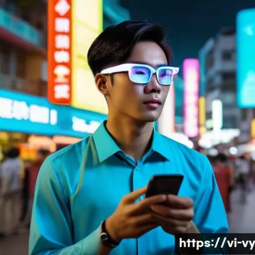 Home 33 포스트휴머니즘과 인간의 자율성 - A futuristic Vietnamese young adult wearing smart glasses and a sleek, high-tech wrist device, stand...