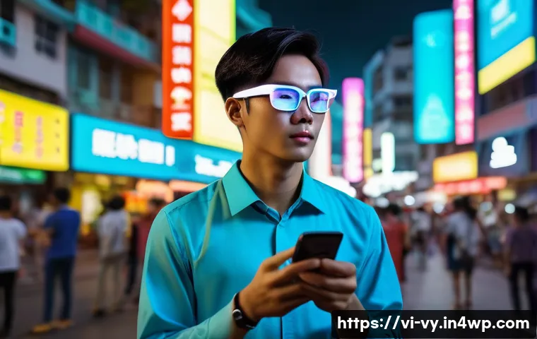 포스트휴머니즘과 인간의 자율성 - A futuristic Vietnamese young adult wearing smart glasses and a sleek, high-tech wrist device, stand...