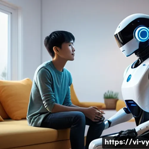 Home 31 포스트휴머니즘과 인간의 감정 - A futuristic scene depicting a Vietnamese young adult wearing casual modern clothing interacting wit...