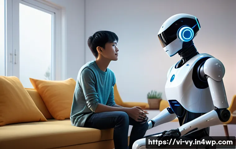 포스트휴머니즘과 인간의 감정 - A futuristic scene depicting a Vietnamese young adult wearing casual modern clothing interacting wit...