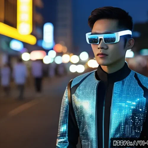 Home 30 포스트휴머니즘 철학의 응용 분야 - A futuristic digital portrait of a Vietnamese young adult wearing smart glasses and a sleek, high-te...