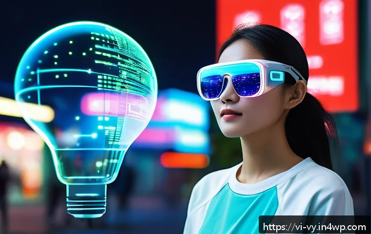포스트휴머니즘과 인류학적 연구 - A futuristic Vietnamese urban scene showcasing a young adult wearing smart bio-implant technology an...